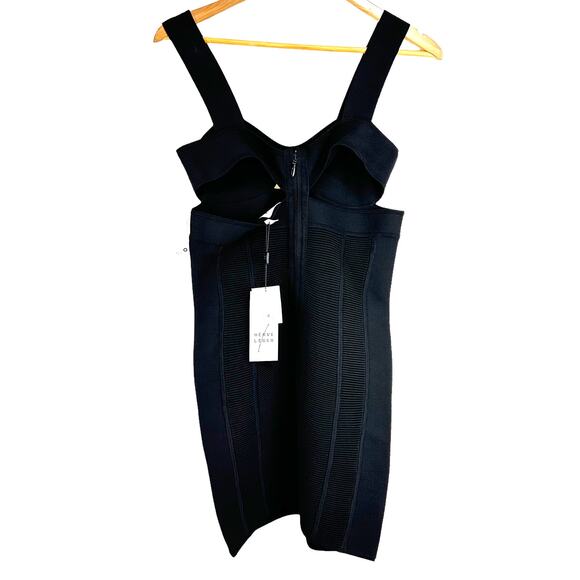 Herve Leger NWT Strappy Bra Mini Bodycon Dress Black Size L Cutout Ribbed Knit - Picture 4 of 14